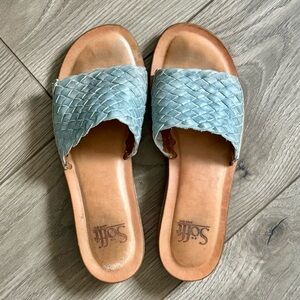 Sofft Ardee Slide Sandal Leather Blue Artisanal Woven Slip On Block Heel Sz 7.5